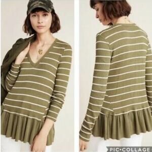 Anthropologie Eri + Ali Tallie Olive Green & White Striped Peplum Top Size‎ S